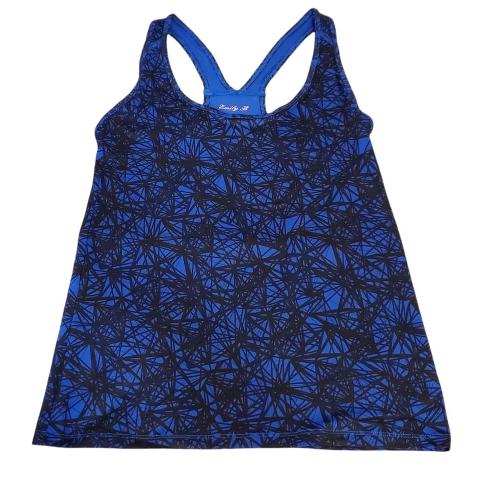 EMILY B | Women's blue with black web pattern yoga/workout tanktop. Size large.
